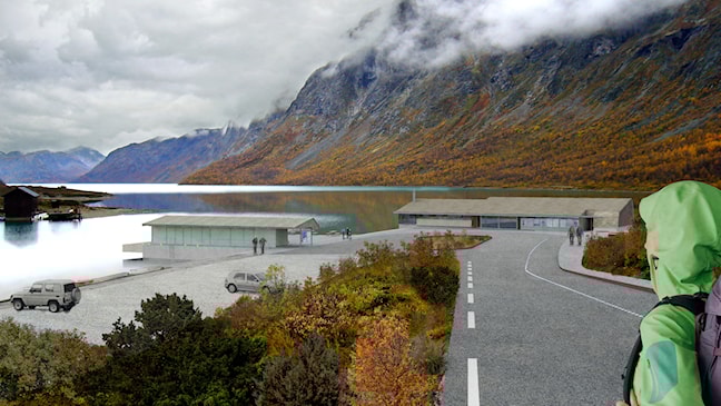 Illustration of wharf, service building and lake.