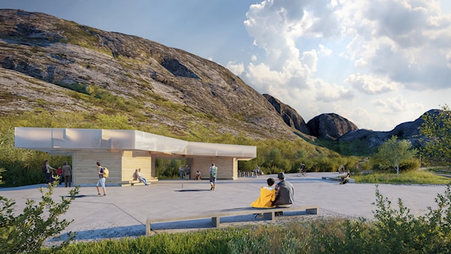 Service building, parking, trails, steps and rockfall protection.