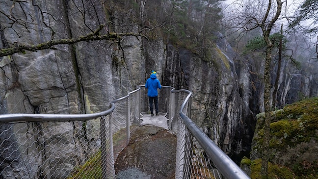 A man stands on a viewpoint and looks at the gorge and the river flowing past.