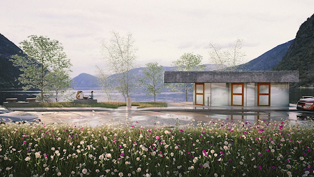 Illustrasjon av et servicebygg bygg med sitteplasser ved fjorden, blomster og vegetasjon rundt.