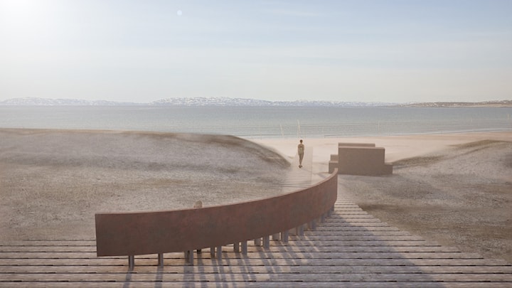 Illustrasjon av en svillesti og sittebenker som går fra parkeringsplassen og ned til stranden.